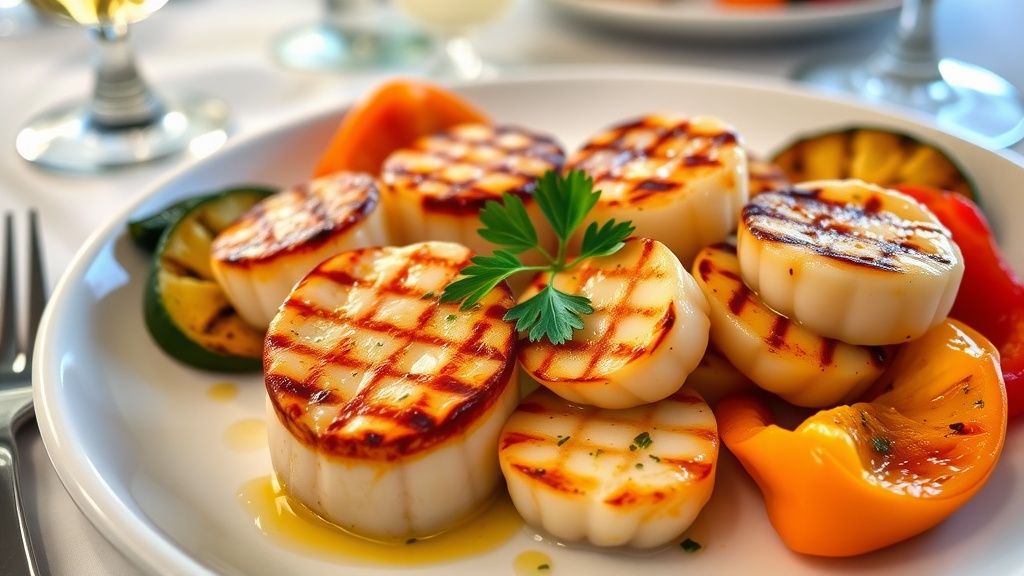 Perfectly Grilled Scallops Recipe Grilled scallops garnished with parsley on a plate with grilled vegetables and a glass of white wine.